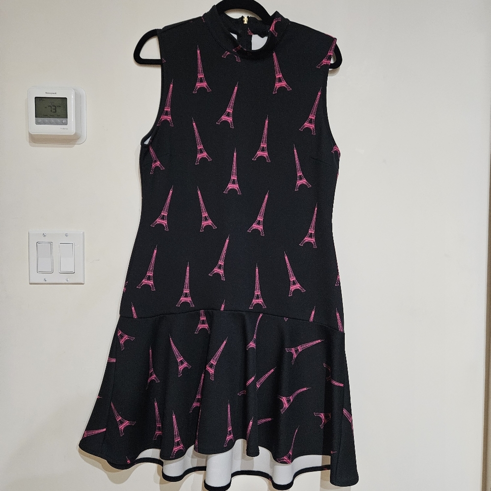 H&M Pink Eiffel Towers on Black Neoprene-Like Drop Waist Flare Skirt Dress